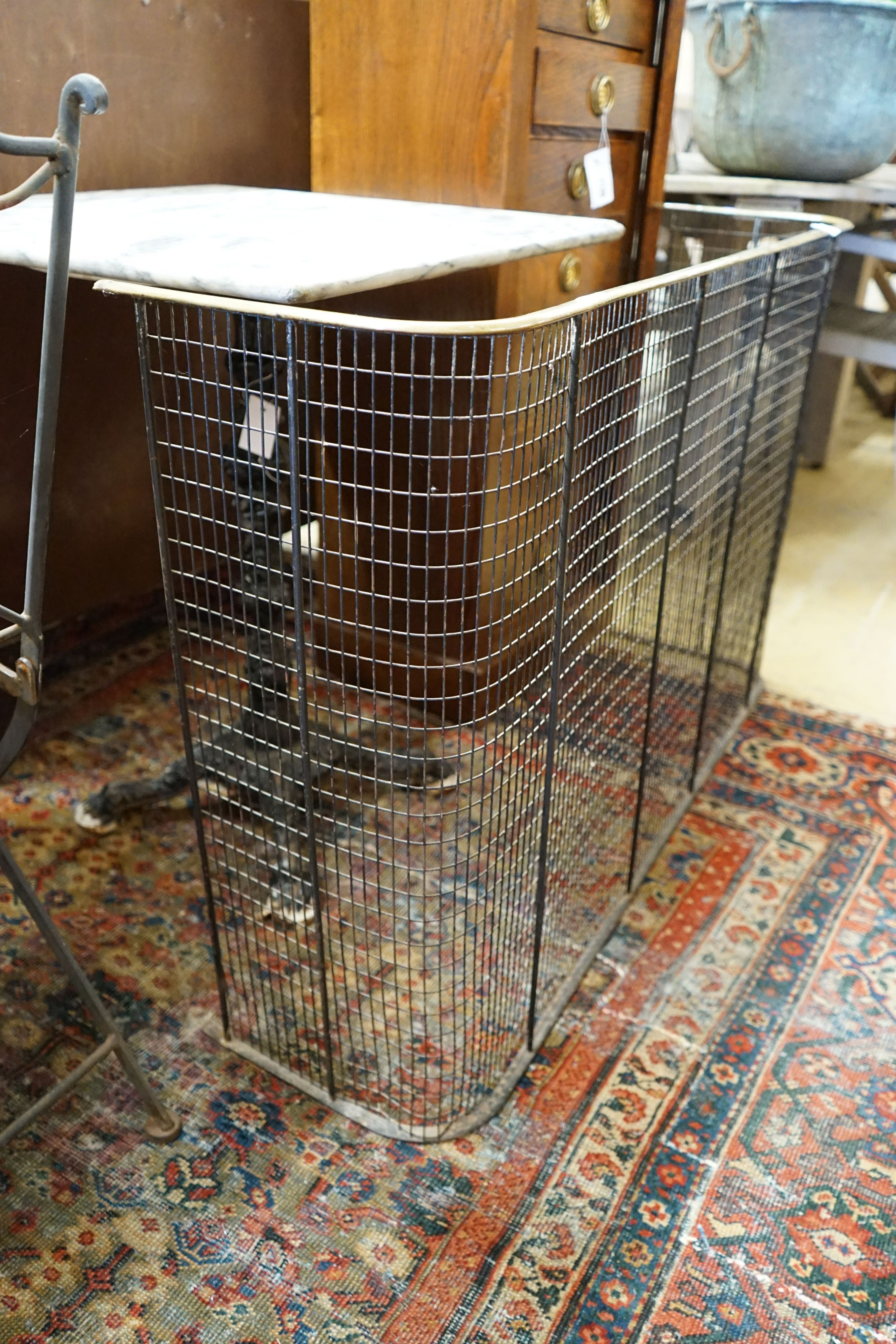 A Victorian brass mounted wirework spark guard, width 115cm depth 30cm height 73cm